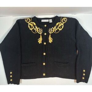Vintage Summit Hill Black Gold Cardigan Button Up Embroidered Sweater 90s Size M